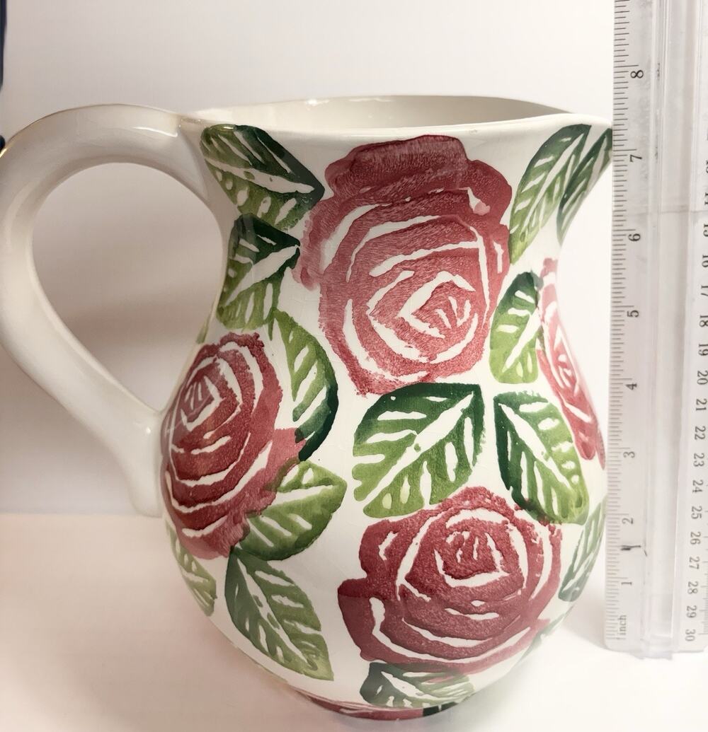Nicola Fasano Rose Pitcher Ceramic Italy 1980s Floral Vase Hand Paint Glottaglie